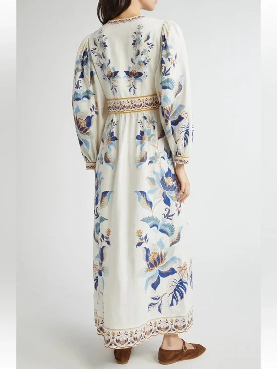 FARM Rio Mystic Blue Lotus Dreamscape Linen Blend L/S Maxi Dress NWT Size XL - Picture 2 of 11